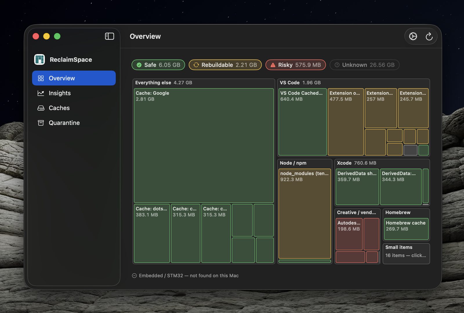 ReclaimSpace showing a treemap of reclaimable storage by category