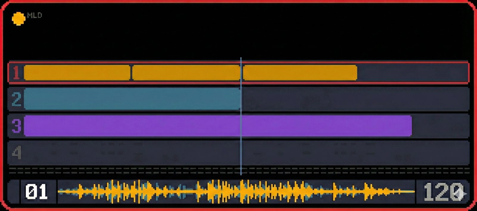 Interface concept art for the synthesizer: a four-track sequencer view with coloured clip lanes and a waveform overview